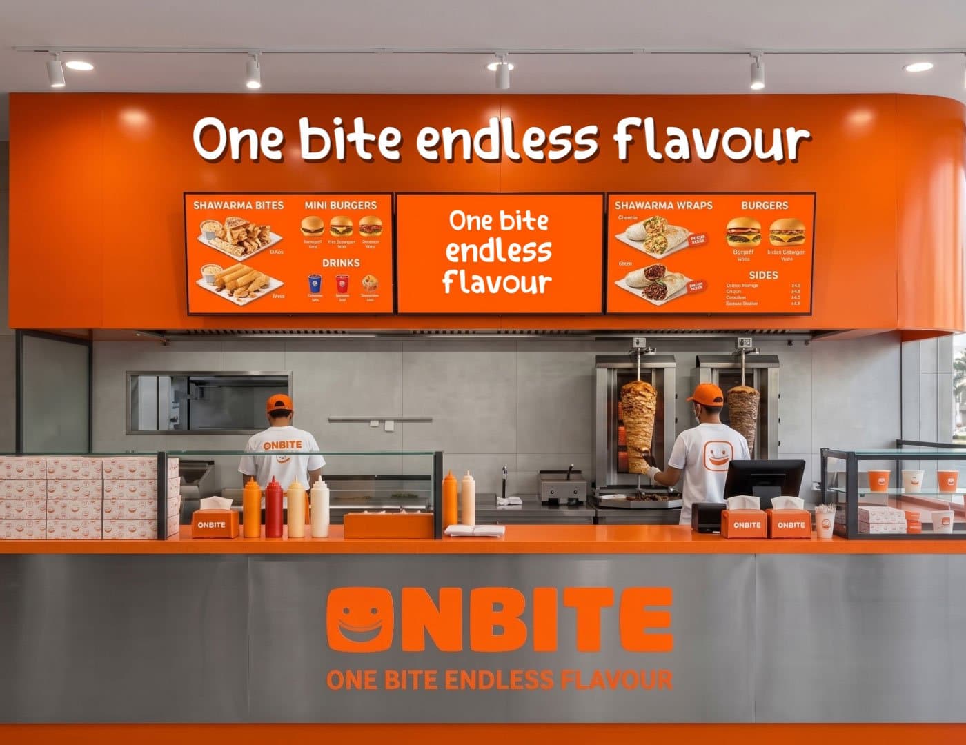 ONBITE food advertising display featuring loaded fries and a branded drink on an orange background
