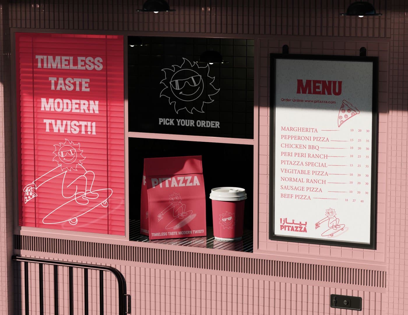 PITAZZA storefront branding featuring promotional graphics, menu display, takeaway packaging, and restaurant signage