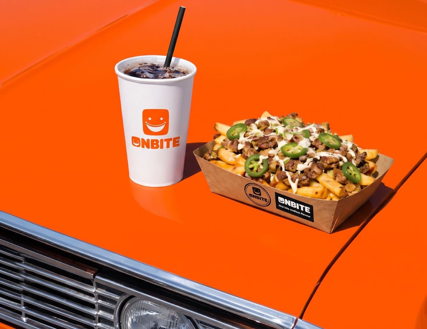 ONBITE restaurant menu design featuring burgers, shawarma, fries, desserts, drinks, and branded food packaging