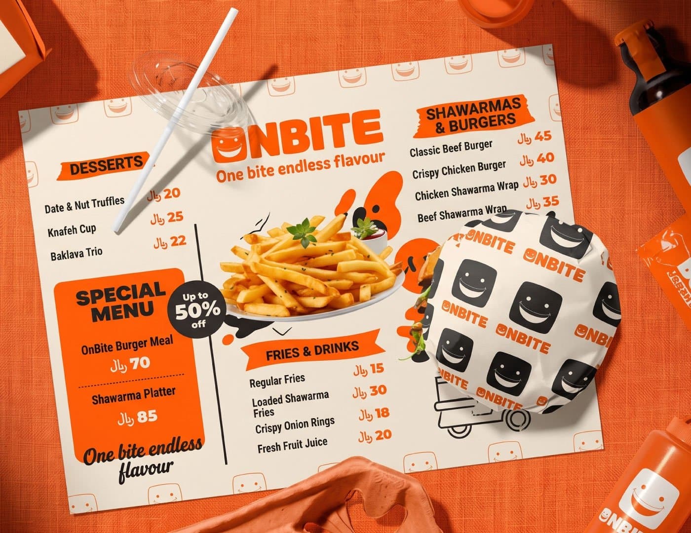 OnBite restaurant menu design featuring branded food photography, orange and white visual identity, burgers, fries, desserts, and organized menu categories
