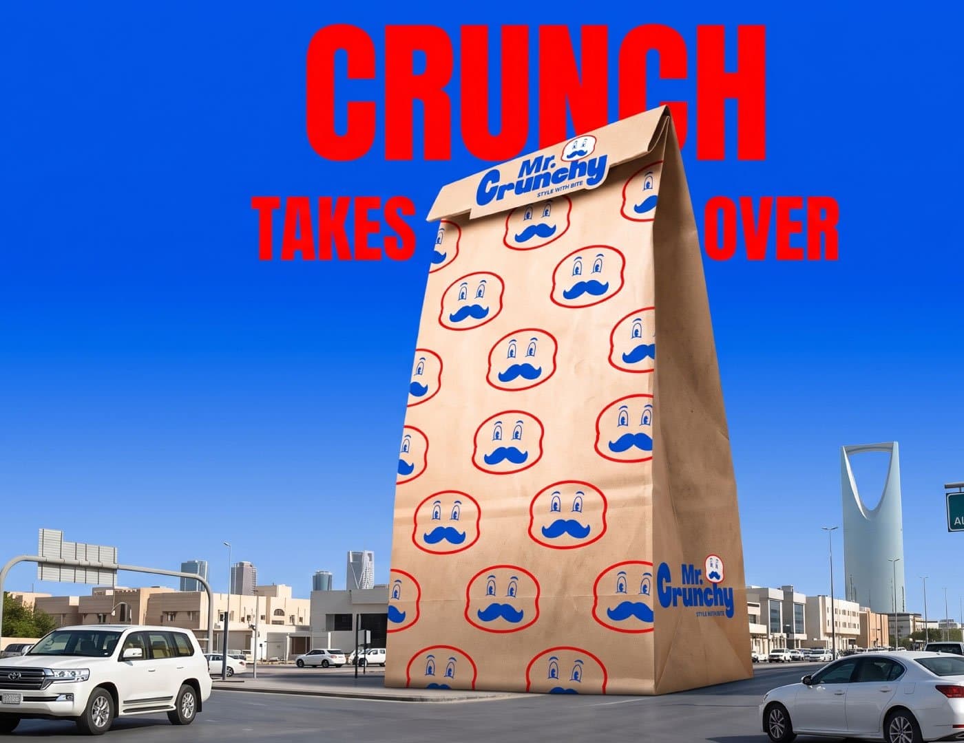 Mr. Crunchy branded employee uniform featuring a red T-shirt with the restaurant logo and mascot.