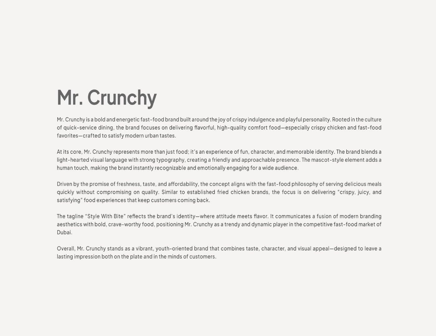 Mr. Crunchy restaurant branding displayed on takeaway packaging and food at an outdoor dining table.