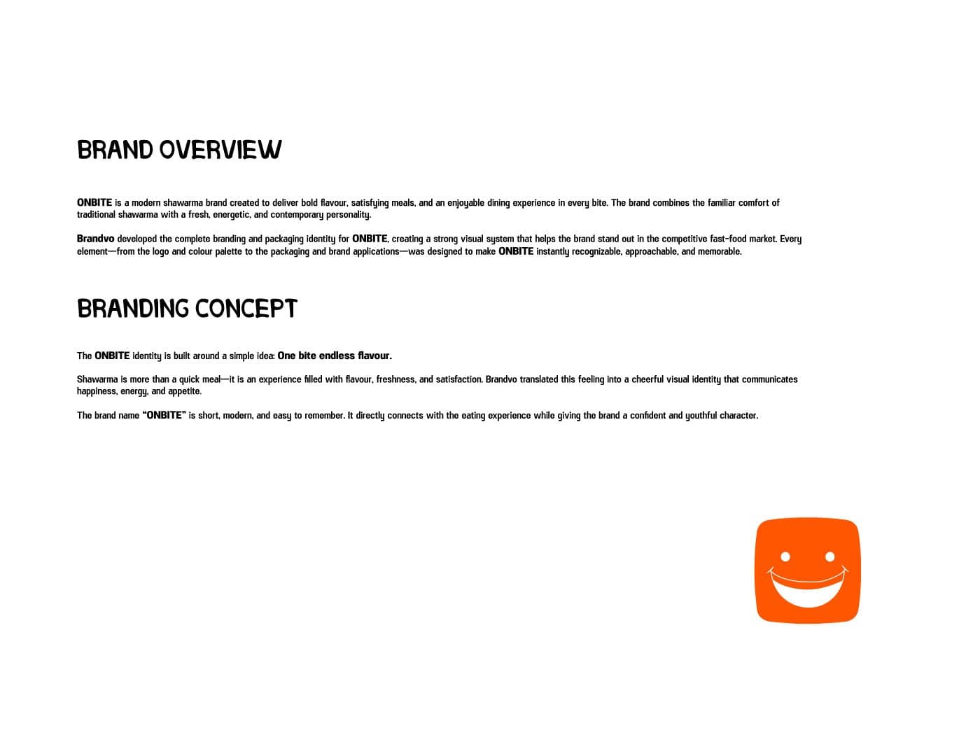 ONBITE brand identity overview presenting the brand concept, visual identity, and smiling face logo