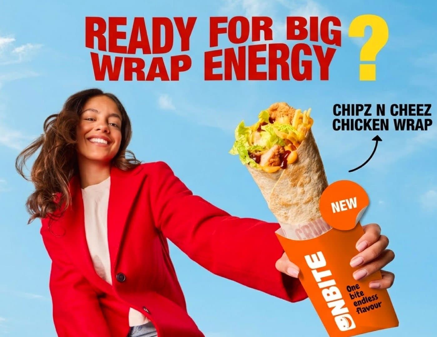 OnBite food advertising campaign featuring a woman holding a branded chicken wrap against a bright blue background