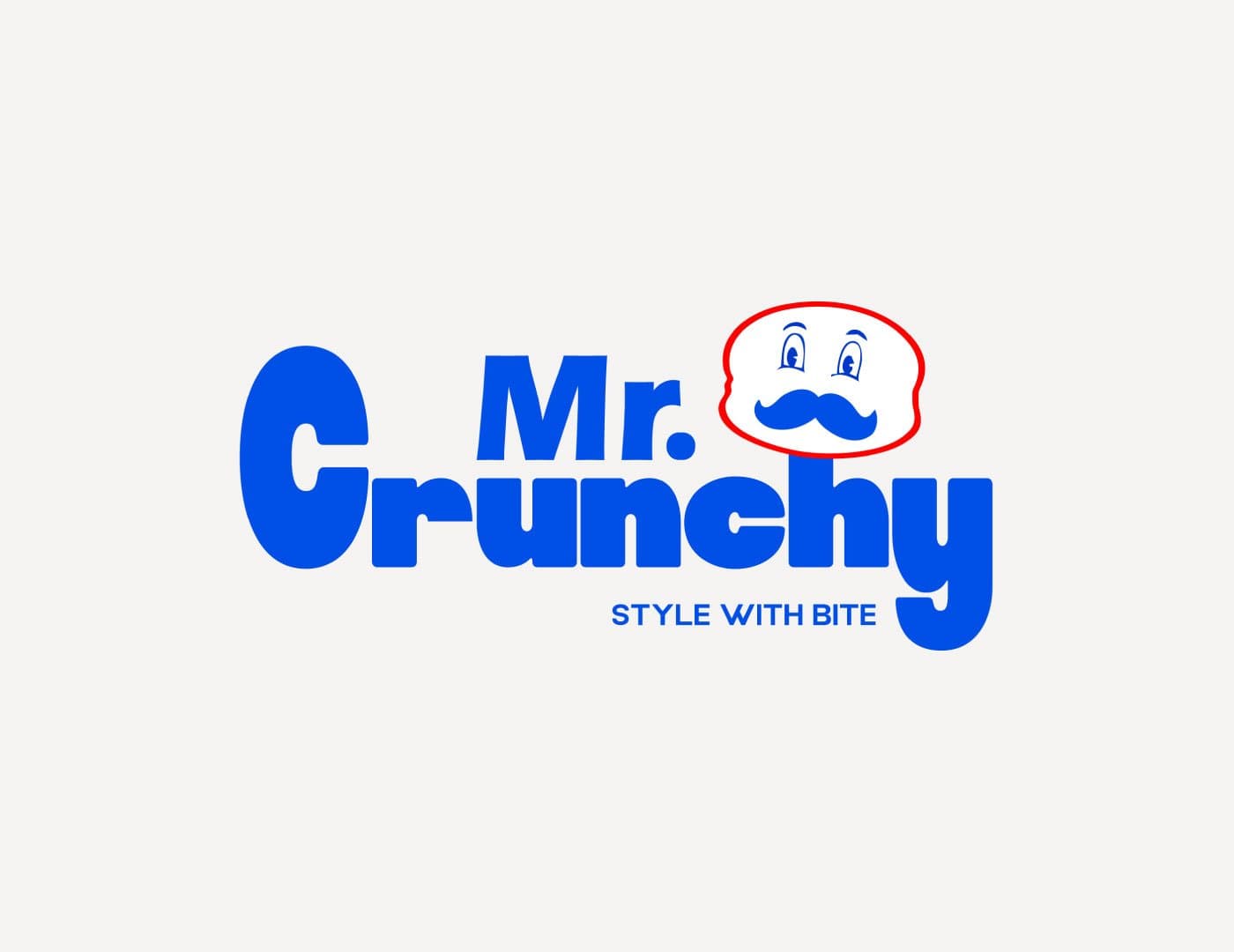 Mr. Crunchy restaurant interior featuring branded menu boards, employee uniform, food packaging, and blue-red decor.