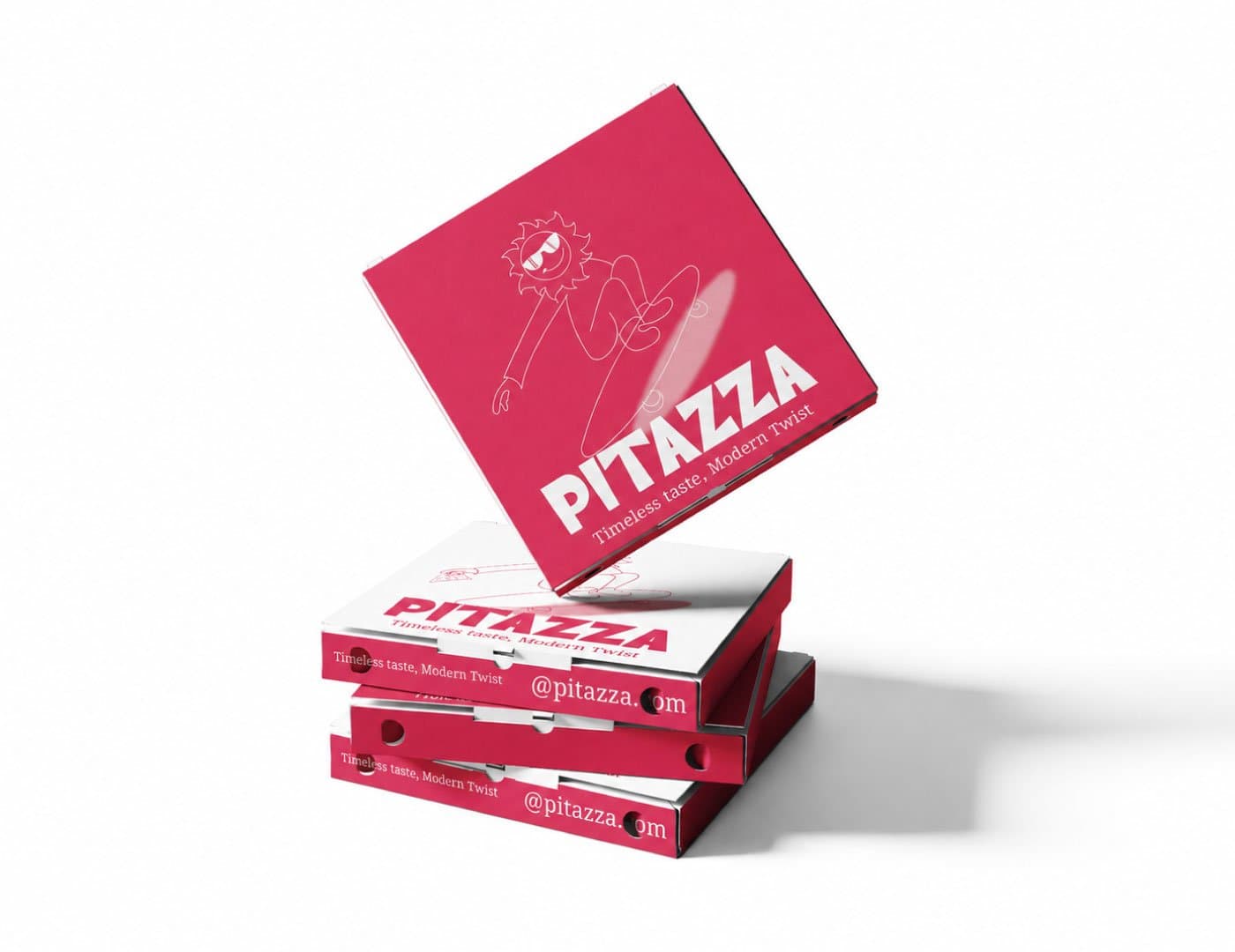 PITAZZA pizza box packaging mockup showcasing stacked branded boxes with bold red and white visual identity