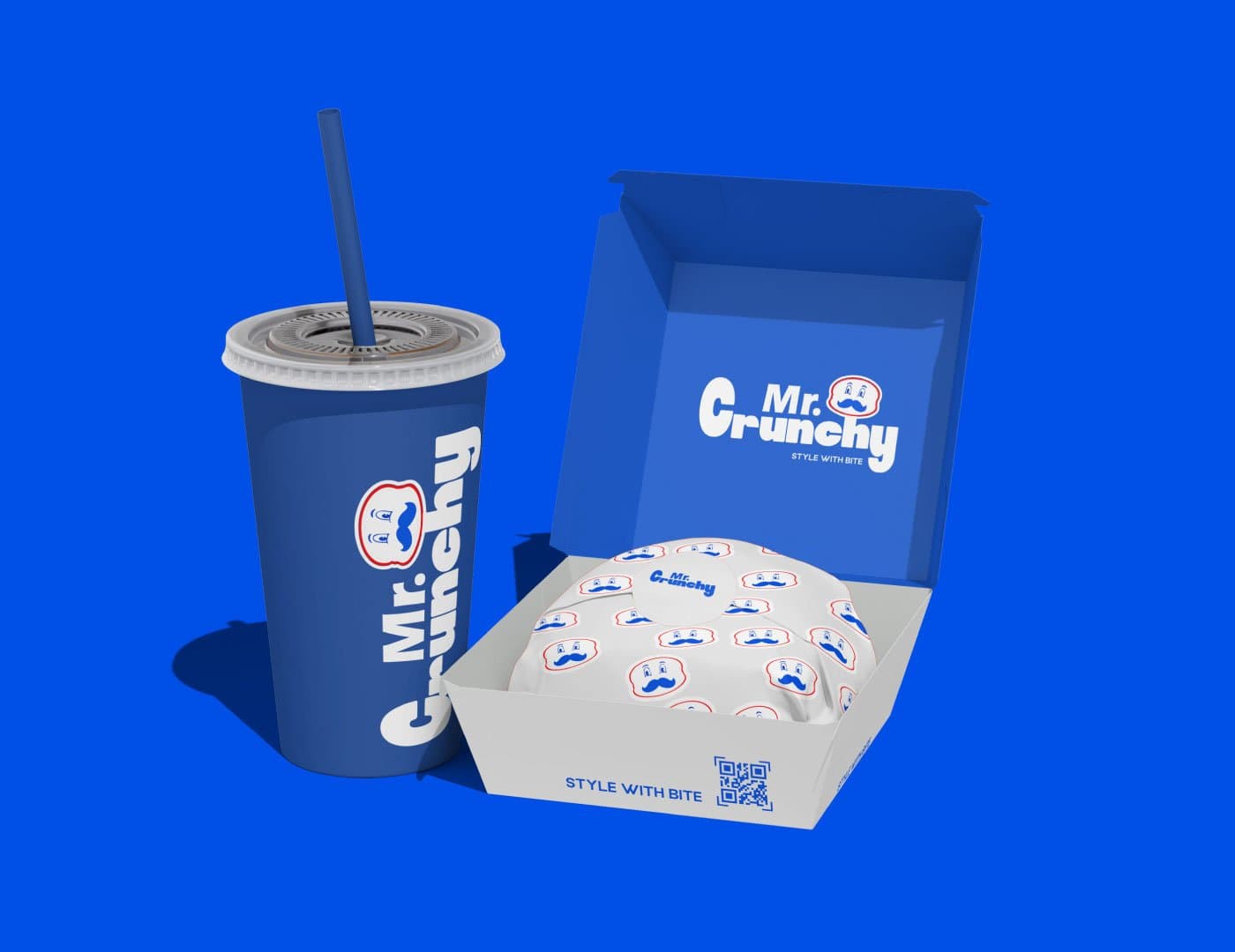 Mr. Crunchy illuminated restaurant wall sign featuring the brand logo and mascot in a modern restaurant setting.