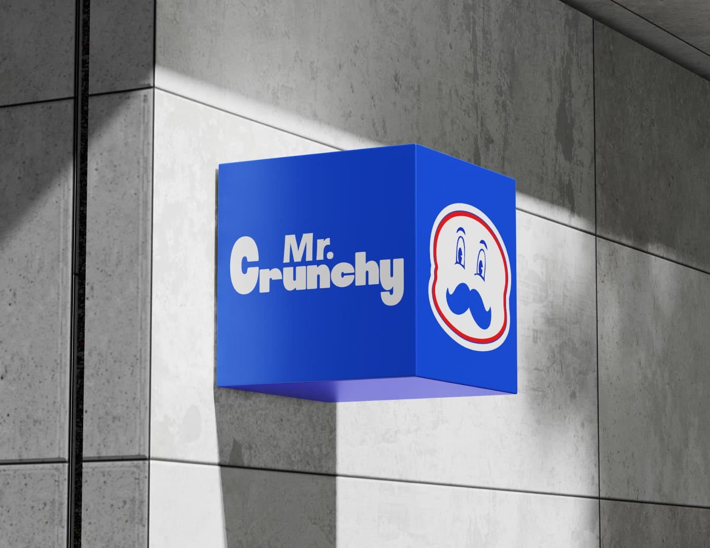 Mr. Crunchy branded takeaway packaging featuring a drink, burger box, takeaway bag, and signature blue branding.