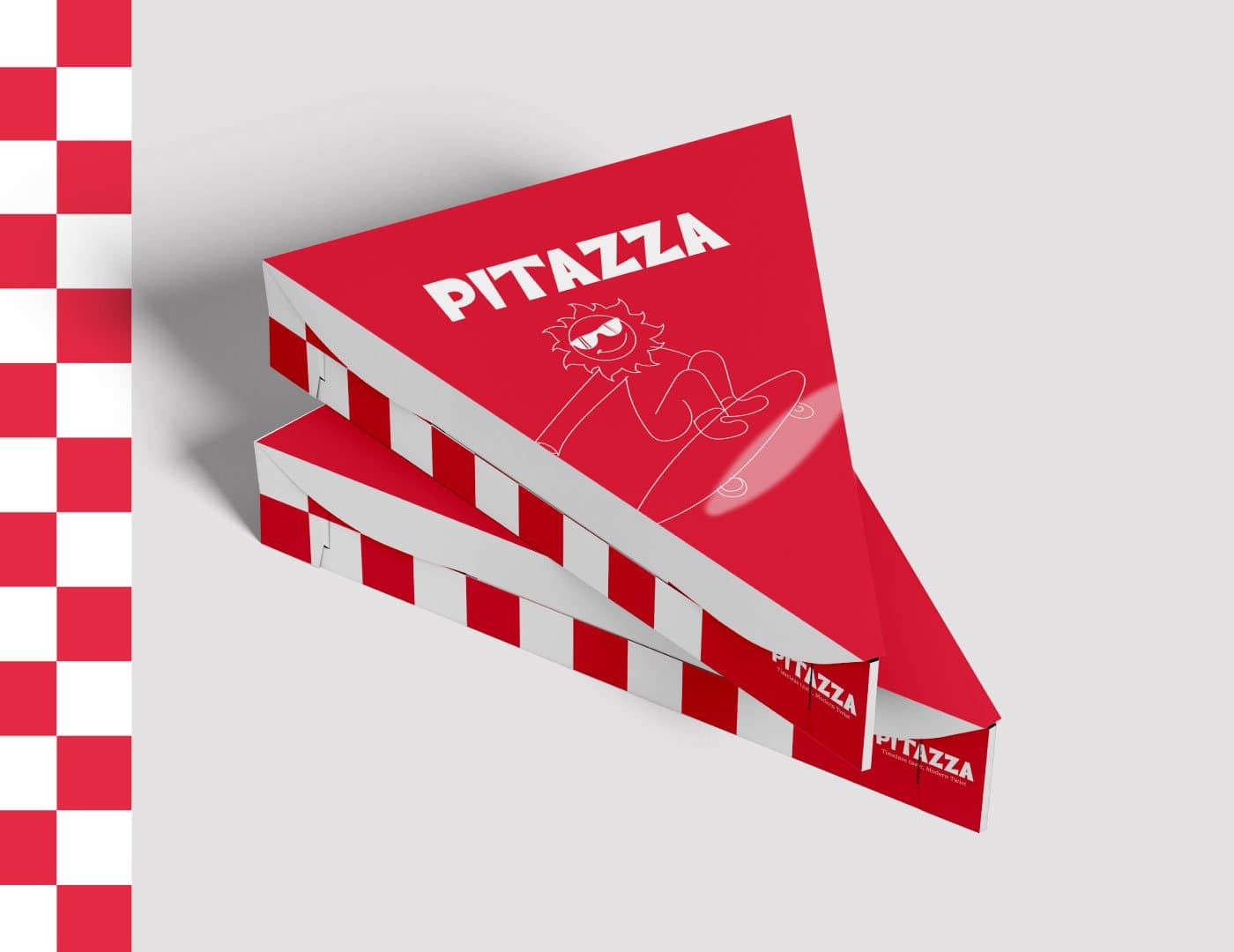 PITAZZA pizza box packaging design featuring red and white checkerboard branding and mascot illustration