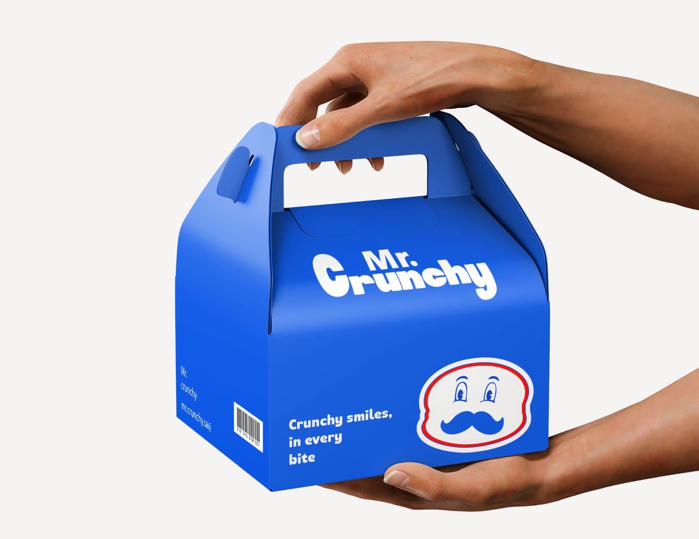 Mr. Crunchy 3D packaging design featuring a blue branded food box and restaurant logo.