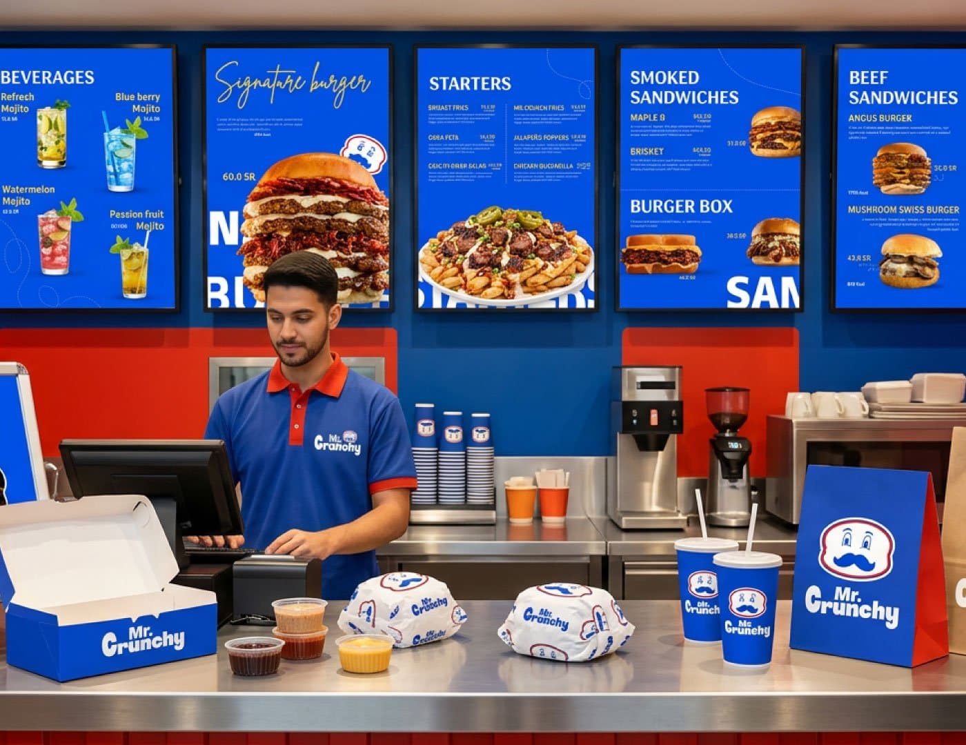 Mr. Crunchy branded takeaway packaging featuring a burger box and drink cup on a blue background.