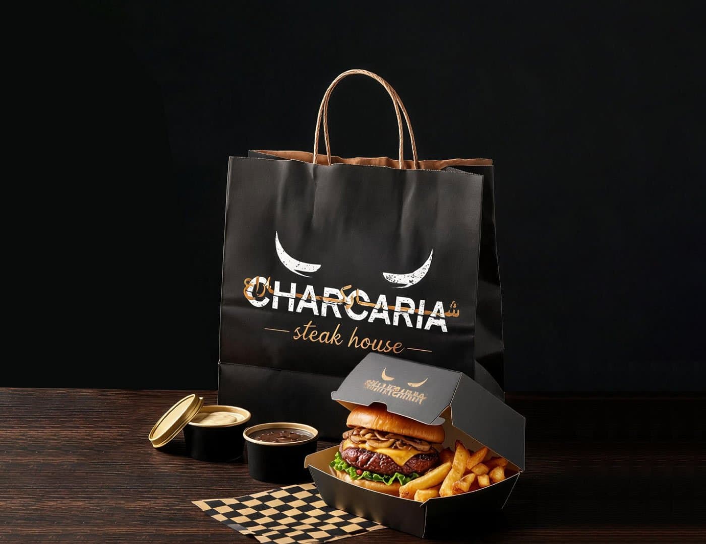 Premium restaurant takeaway packaging featuring a branded black paper bag, burger box, dipping sauces, fries, and checkerboard design.