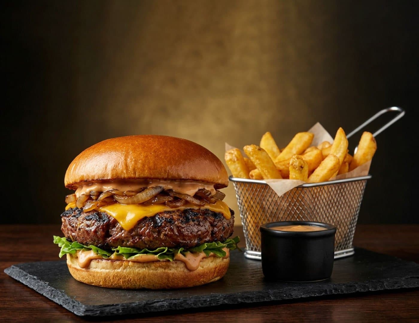 Gourmet burger and fries presentation featuring a grilled beef burger, golden fries, and dipping sauce on a dark slate board.