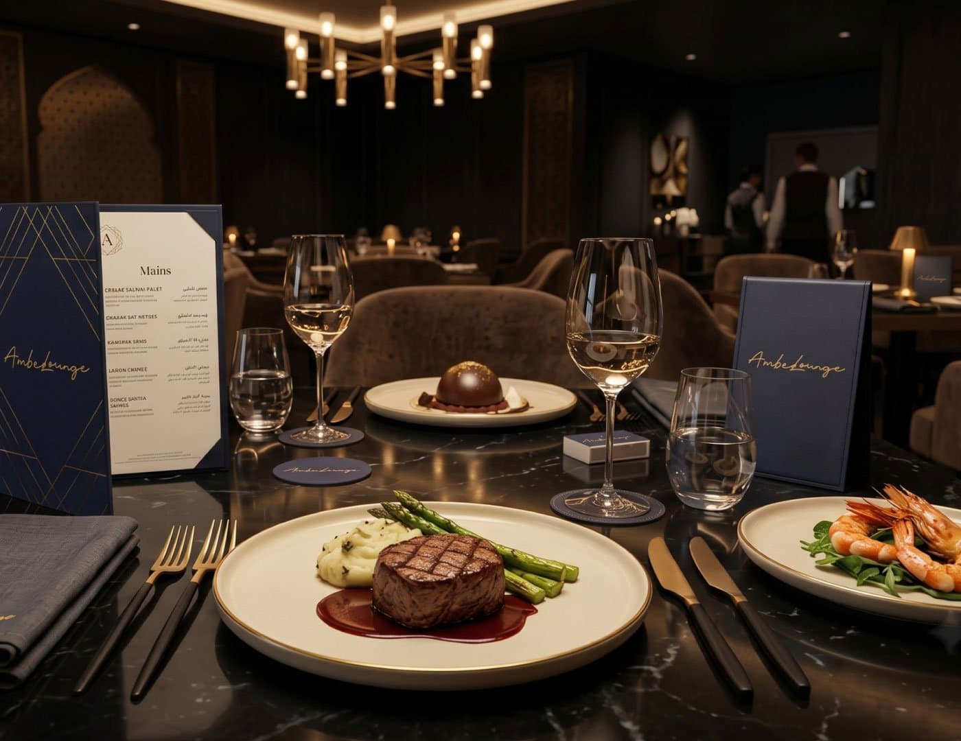 Elegant restaurant interior featuring branded menus, fine dining tableware, plated steak, seafood, and warm ambient lighting