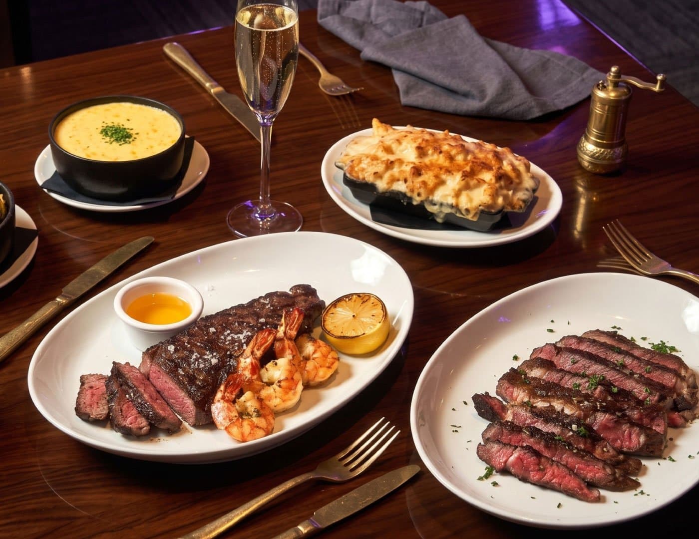 Elegant steakhouse dining table featuring grilled steak, prawns, creamy side dishes, and refined tableware.