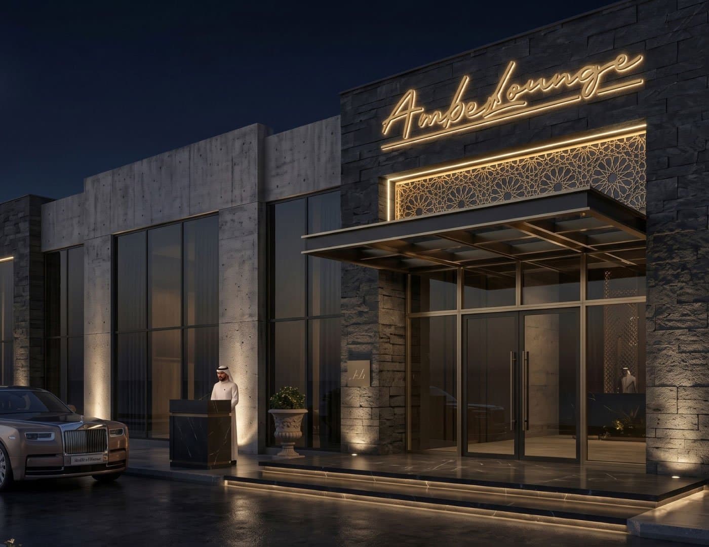 Luxury restaurant exterior with illuminated signage, stone walls, glass entrance, and sophisticated architectural lighting