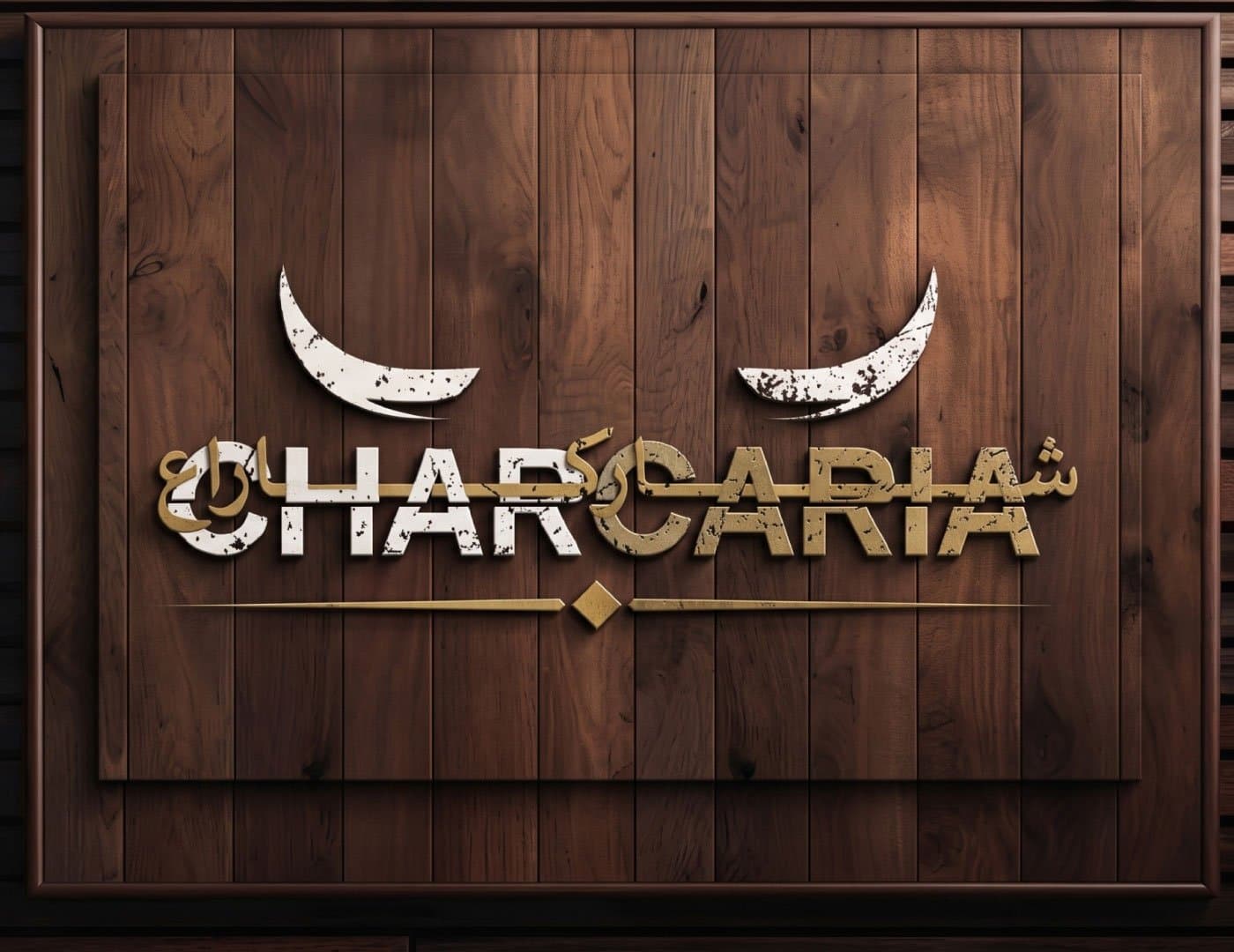 Luxury restaurant wall signage featuring a distinctive steakhouse logo mounted on a warm wooden panel.
