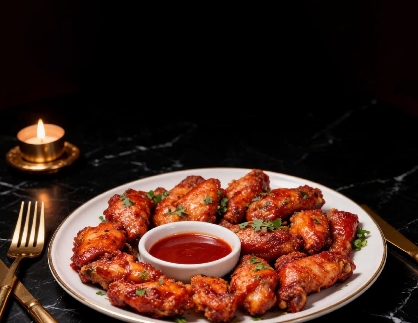 Glazed chicken wings arranged around a dipping sauce on an elegant dark marble dining table