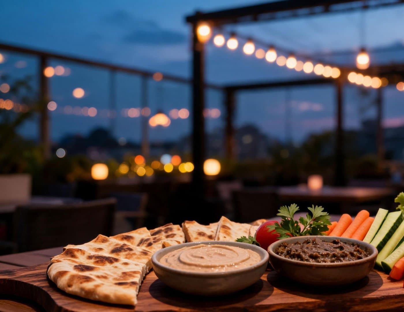 Outdoor restaurant dining setting featuring grilled flatbread, hummus, dips, and fresh vegetables with evening lights