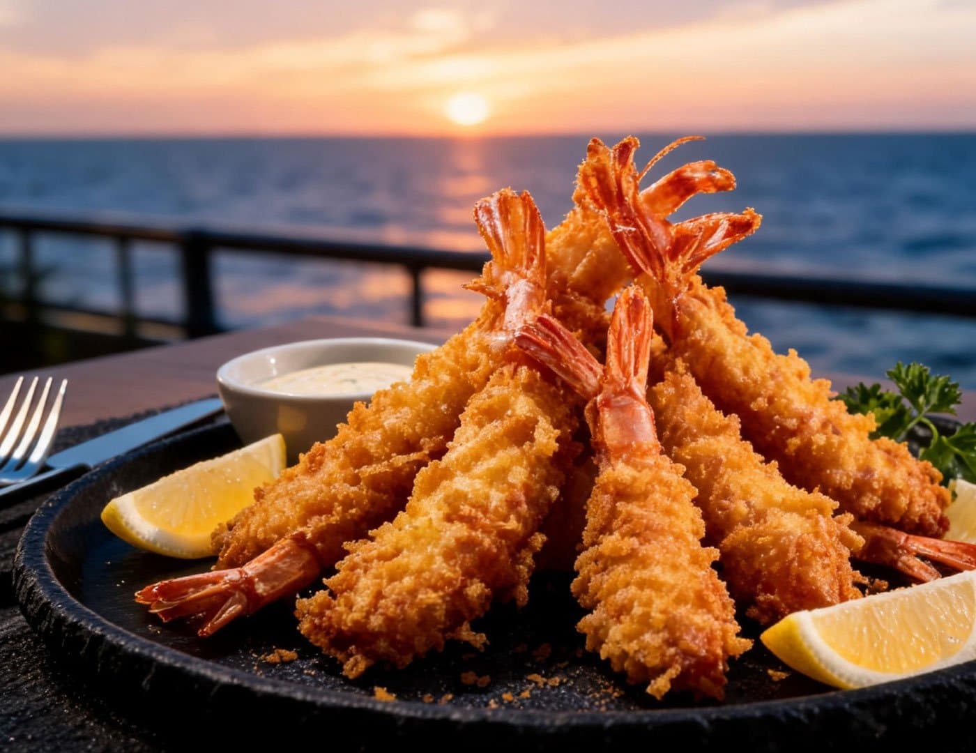 Crispy fried shrimp served on a dark plate with dipping sauce and lemon wedges overlooking the sea