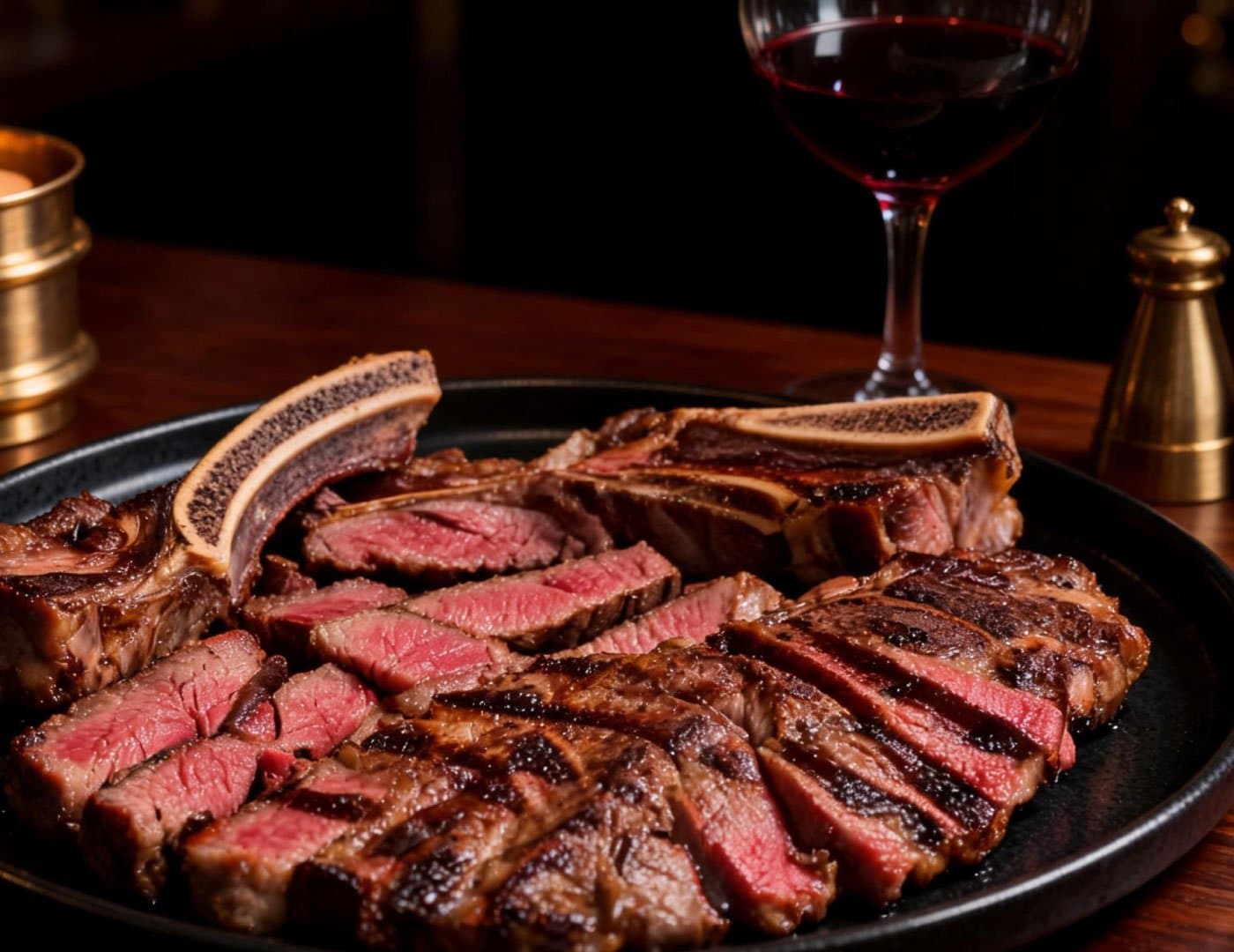 Premium grilled steak platter featuring sliced medium-rare beef served on a dark plate in an elegant restaurant setting