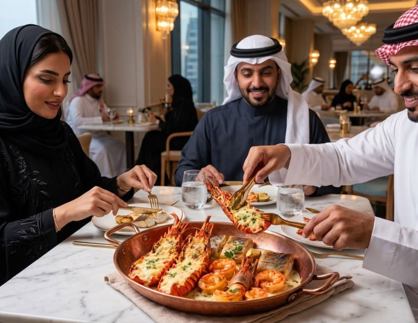 Elegant restaurant dining experience featuring guests sharing a seafood platter in a sophisticated interior