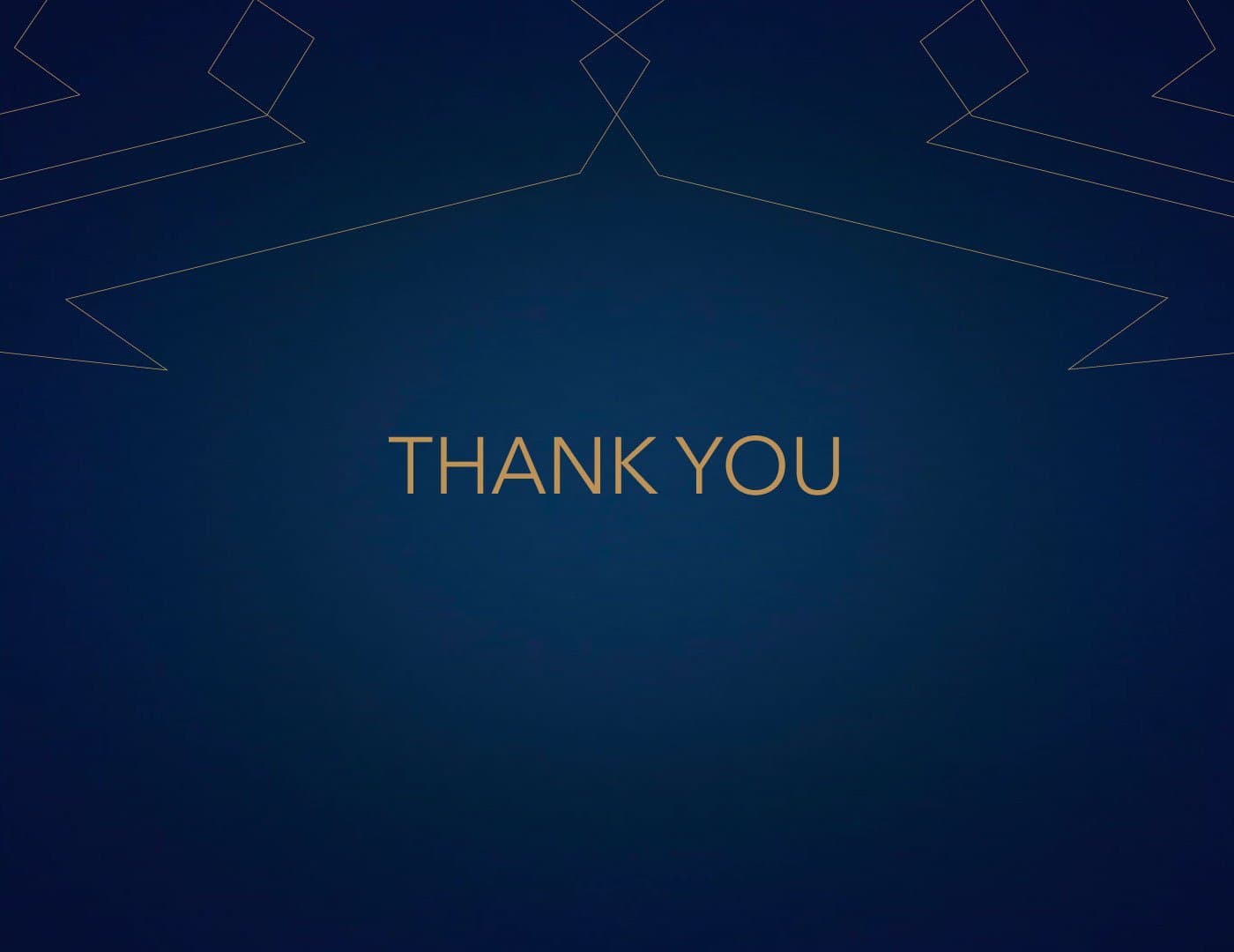 Elegant navy blue and gold brand presentation background with geometric line details and centered thank you message.