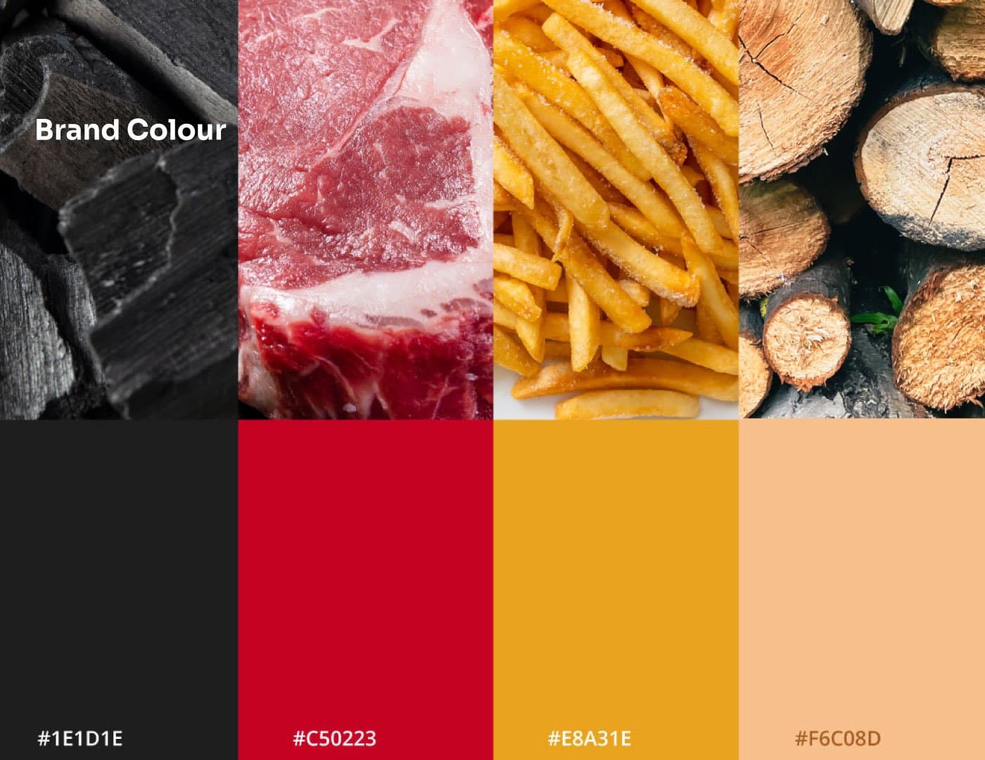 Restaurant brand color palette featuring black, deep red, golden yellow, and warm peach tones inspired by steakhouse dining.