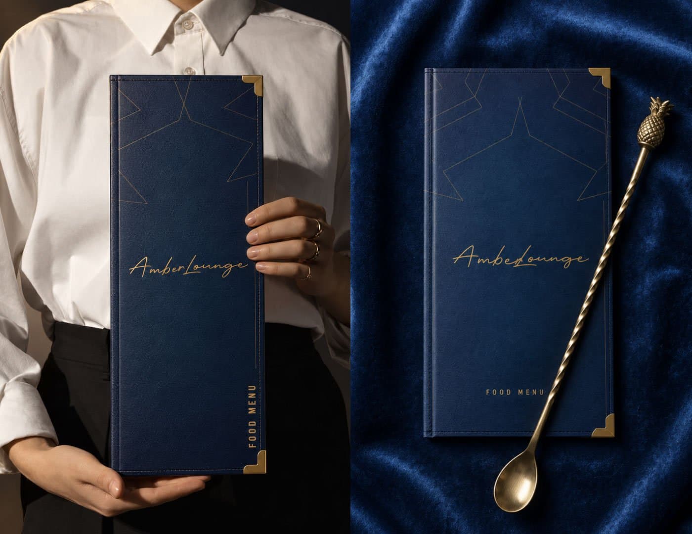 Restaurant brand identity presentation featuring a luxury logo, brand story, and coordinated navy blue and gold visual identity system.