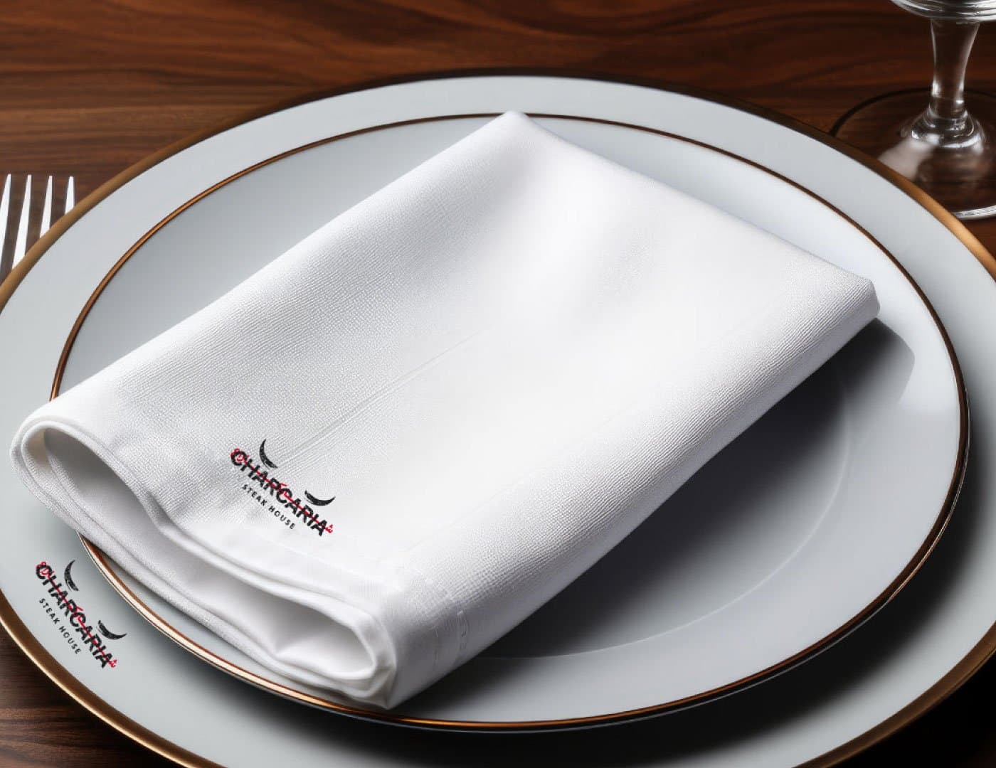 Luxury restaurant table setting featuring a branded white napkin placed on elegant white and gold-rimmed dinnerware.