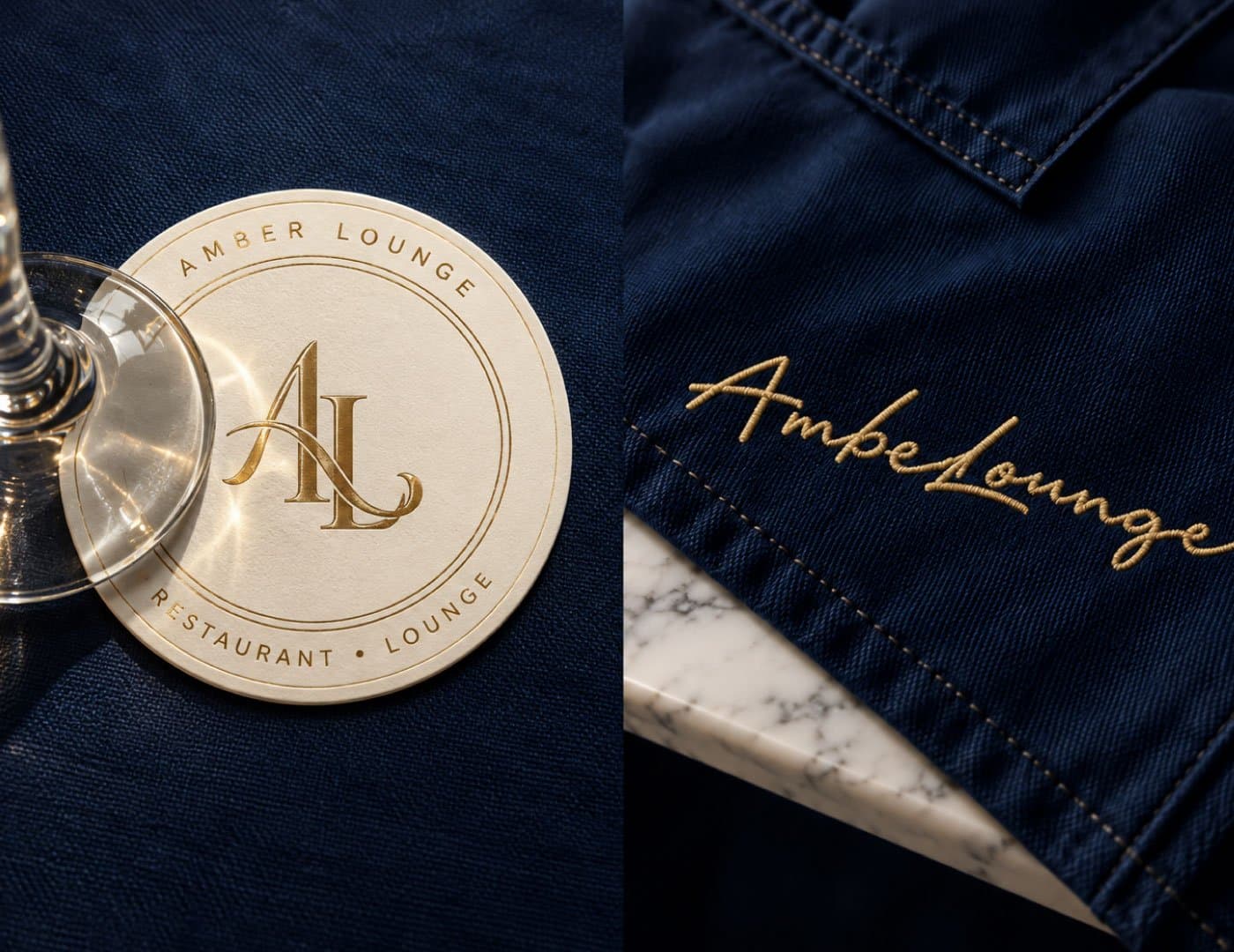 Luxury restaurant branding applications featuring a branded gold coaster and embroidered navy blue fabric with elegant gold detailing.