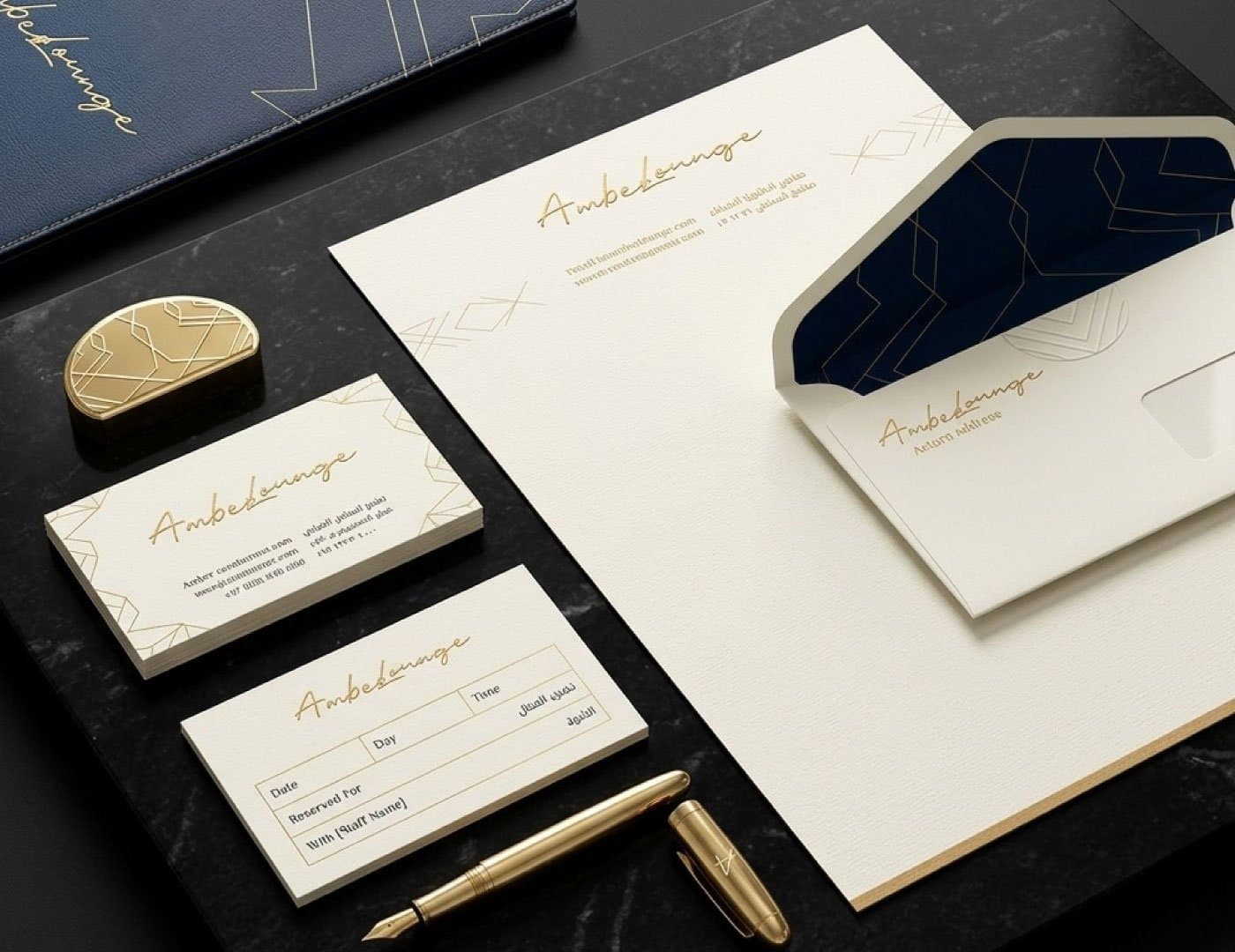 Luxury restaurant stationery set featuring business cards, appointment cards, letterhead, branded folder, pen, and geometric identity elements