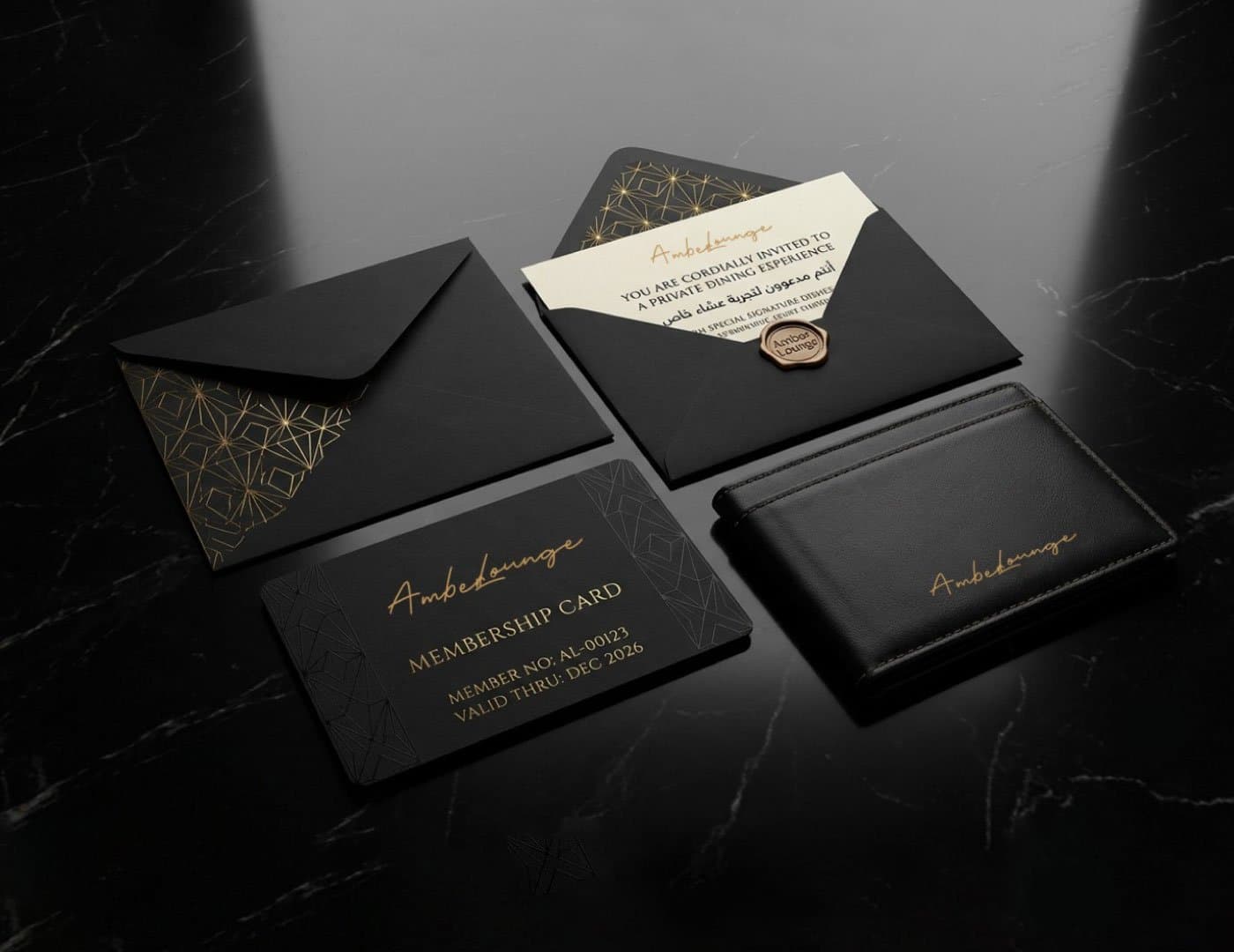 Premium restaurant stationery and membership branding featuring envelopes, cards, leather wallet, and gold geometric details