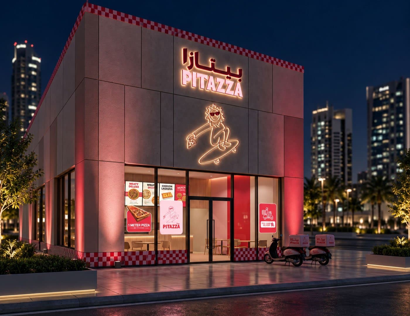 PITAZZA restaurant exterior featuring illuminated bilingual signage, mascot branding, checkerboard details, and storefront design