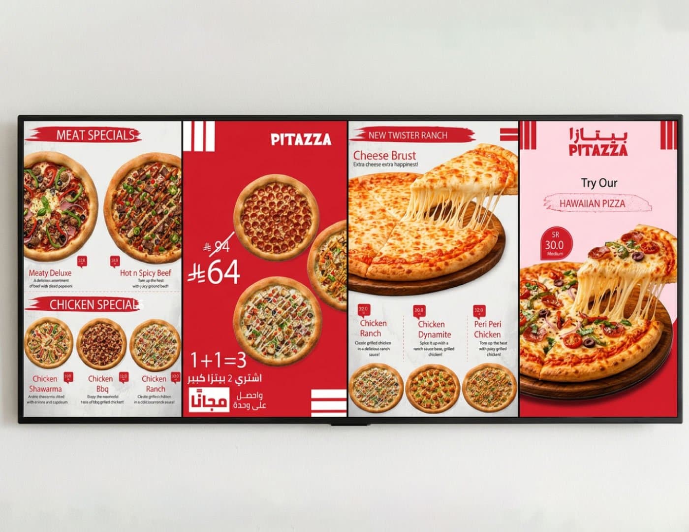 PITAZZA restaurant menu display featuring pizza selections, food photography, promotional offers, and branded graphics