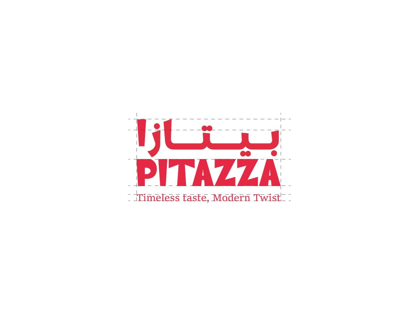 PITAZZA bilingual logo design featuring customized Arabic and English typography with a modern red identity
