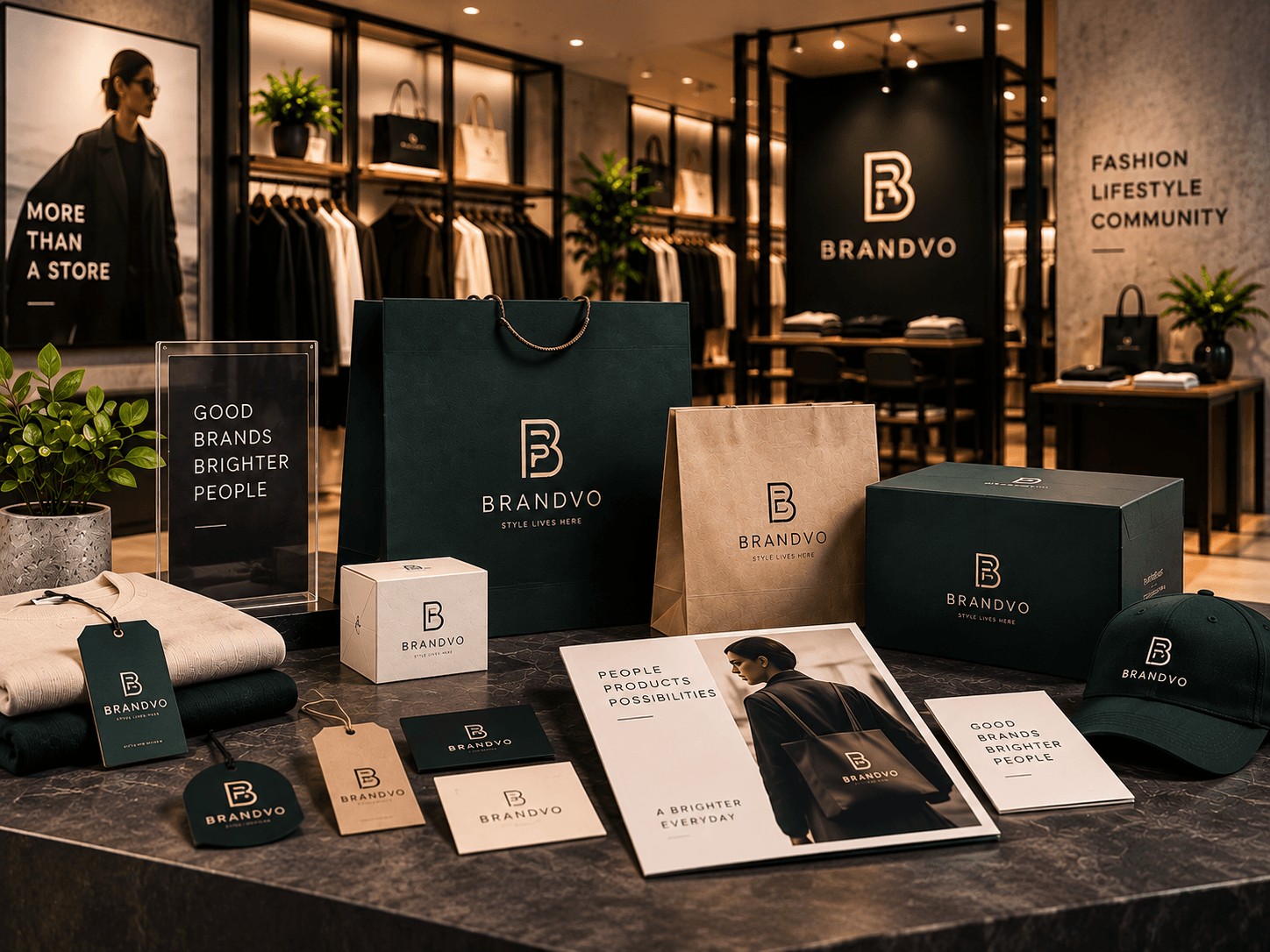 Retail branding mockup with branded packaging, apparel, shopping bags, and store signage