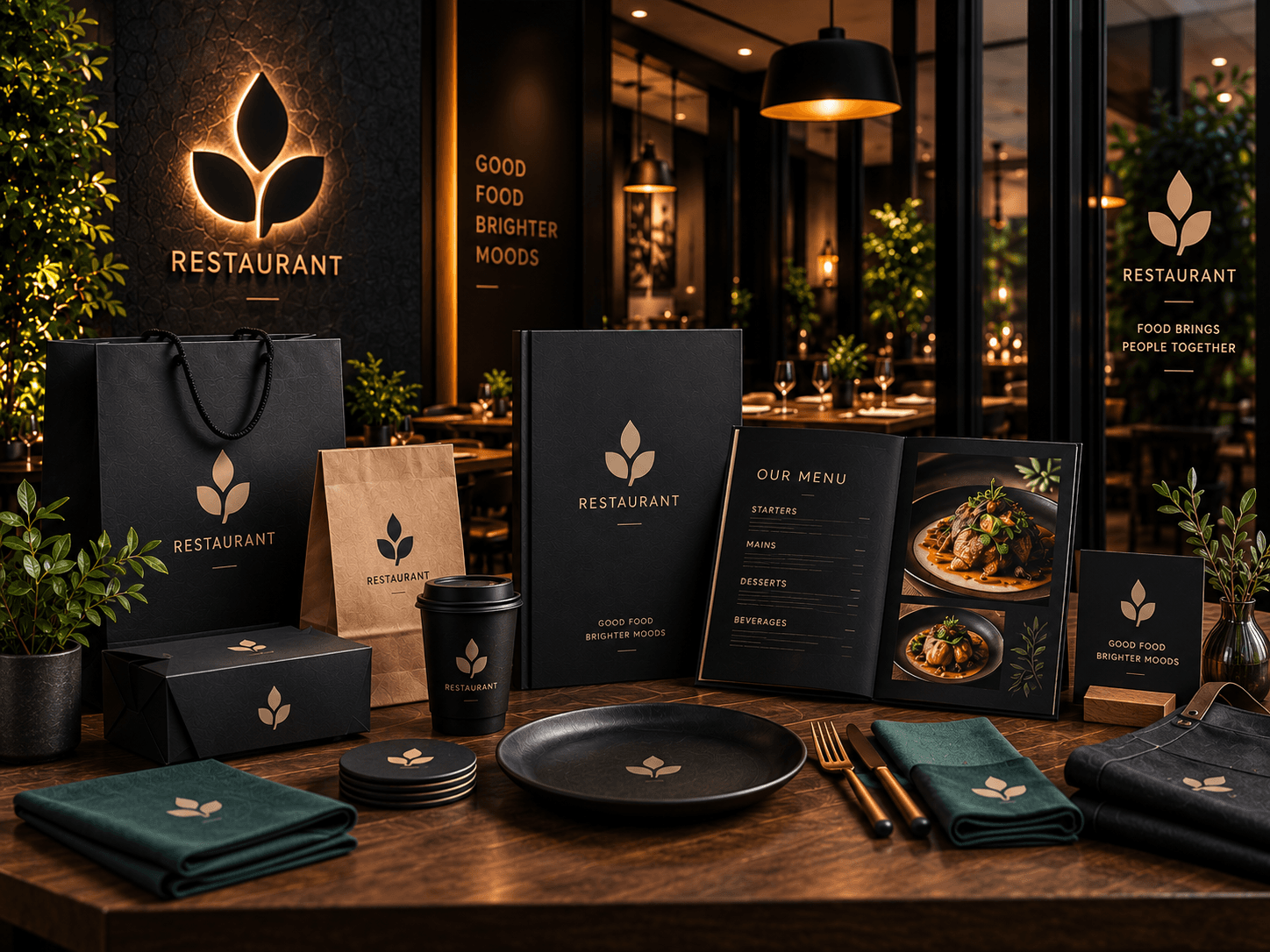 Restaurant branding mockup with menus, packaging, signage, and branded tableware
