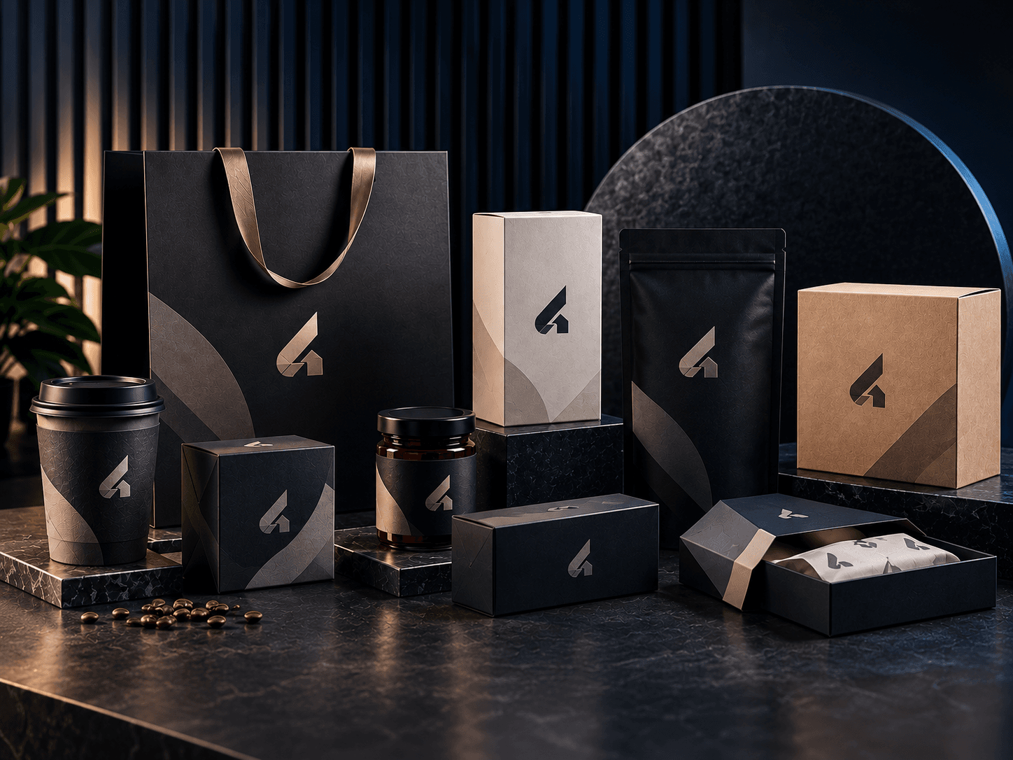 Modern packaging design mockup with branded boxes, bags, and product containers