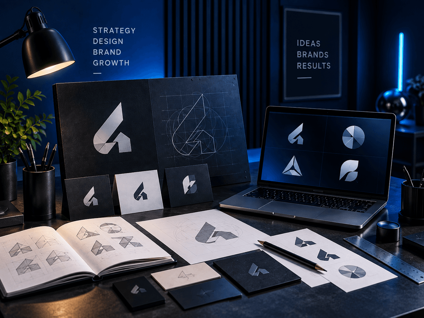 Logo design concept mockup with sketches and geometric brand mark