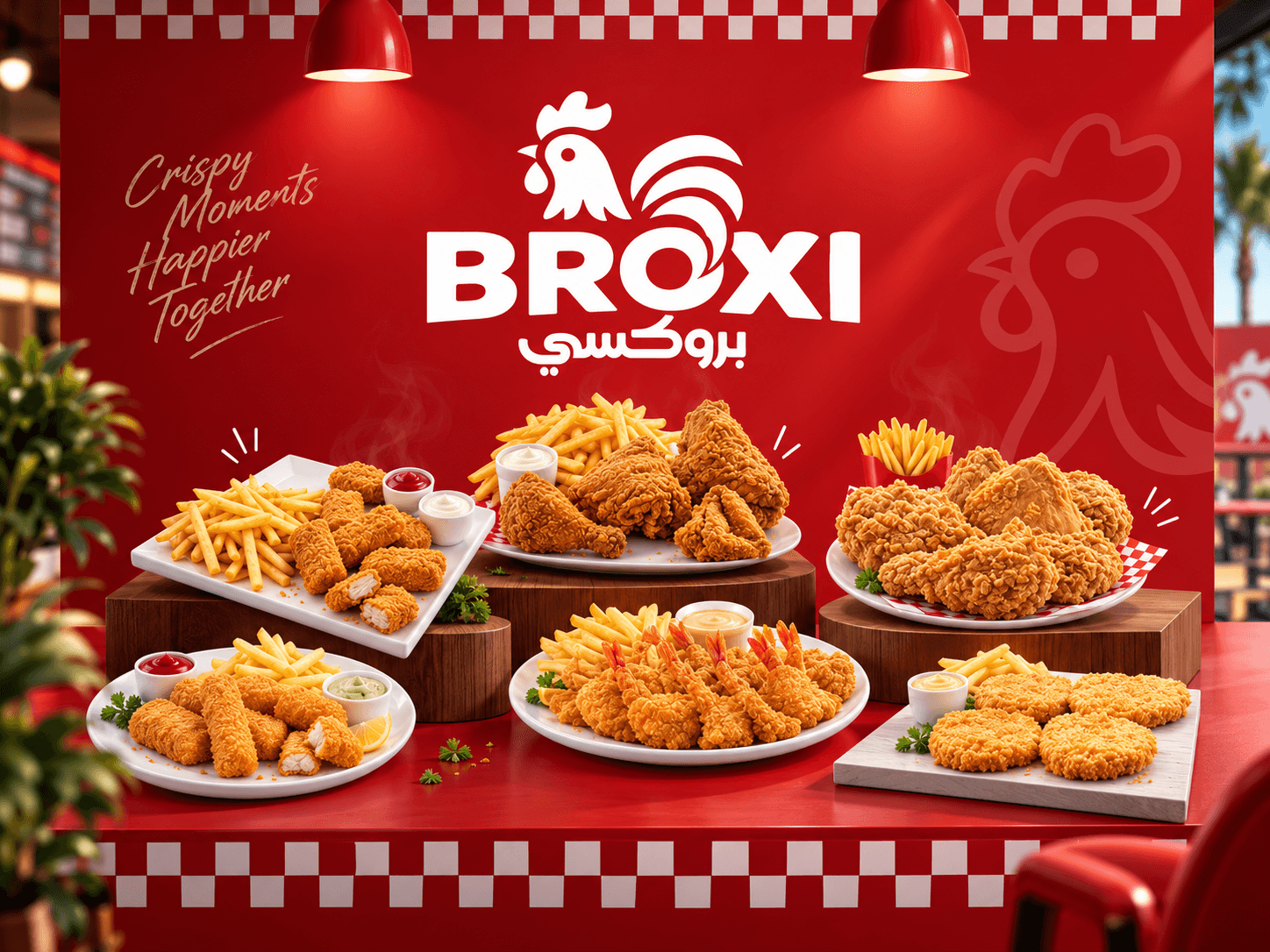 BROXI restaurant branding billboard with fried chicken and signature red branding.