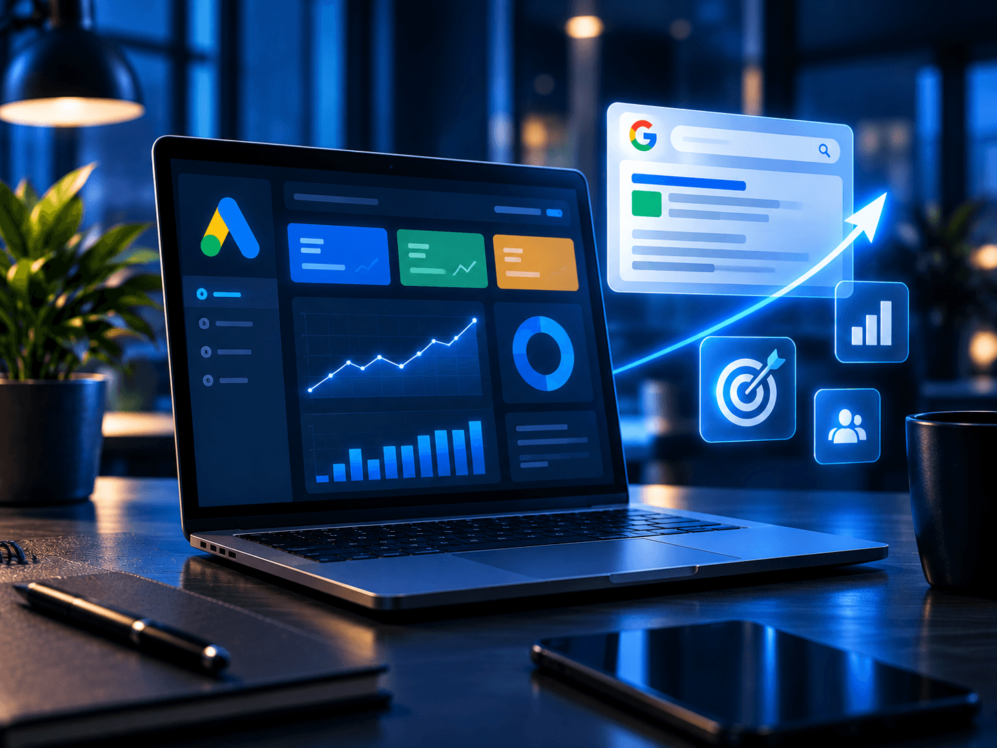 Google Ads analytics dashboard with campaign growth visuals.