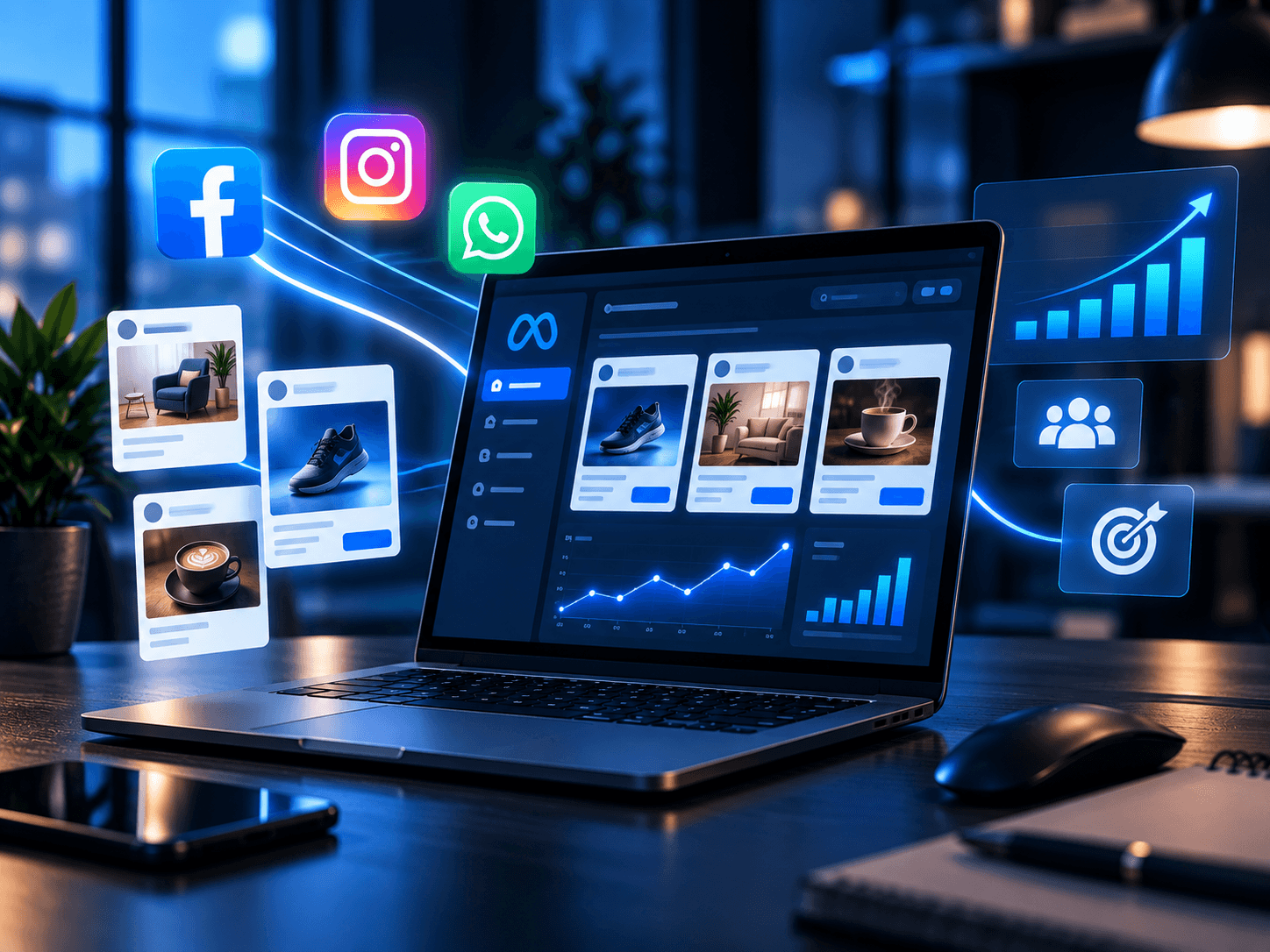Meta Ads dashboard with social media advertising and campaign growth visuals.