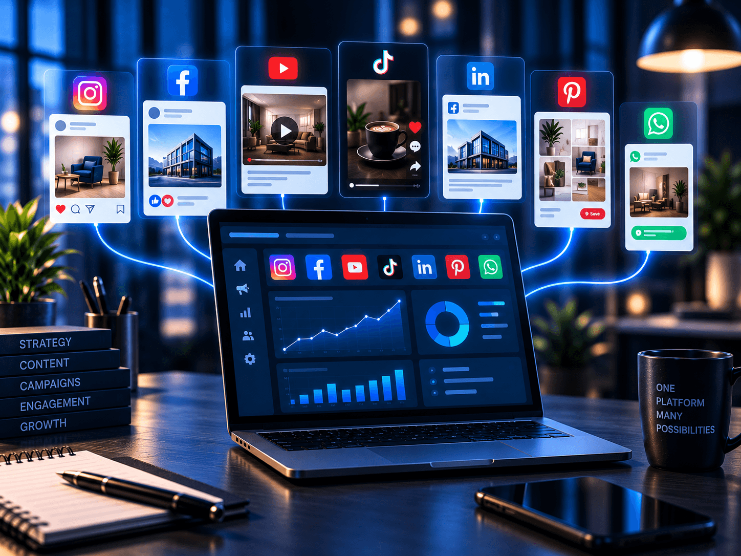 Social platform marketing workspace with cross-platform campaign and analytics visuals.