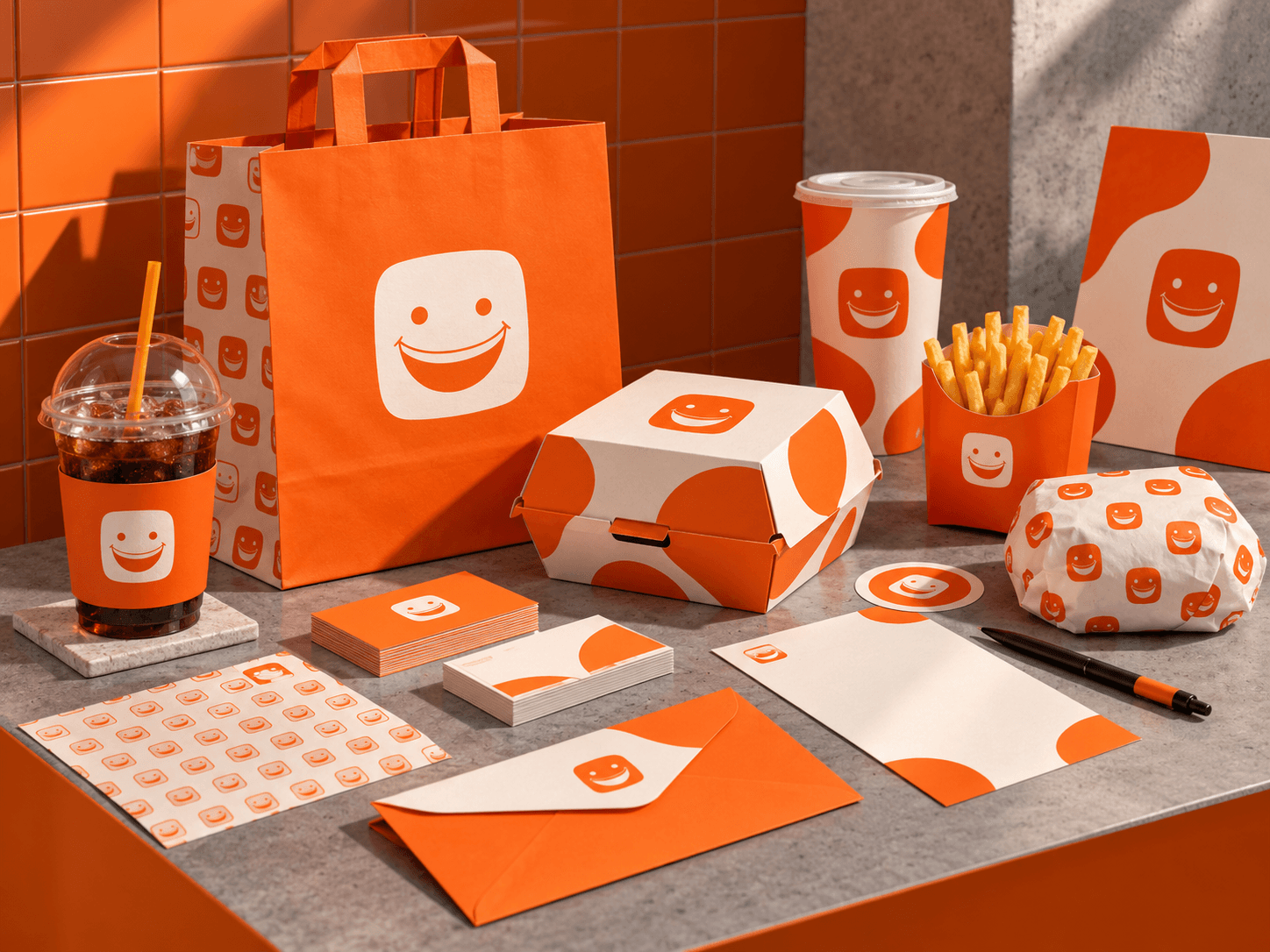 Food packaging design mockup featuring branded takeaway bags, food boxes, cups, fries containers, wrapping paper, and coordinated packaging elements.