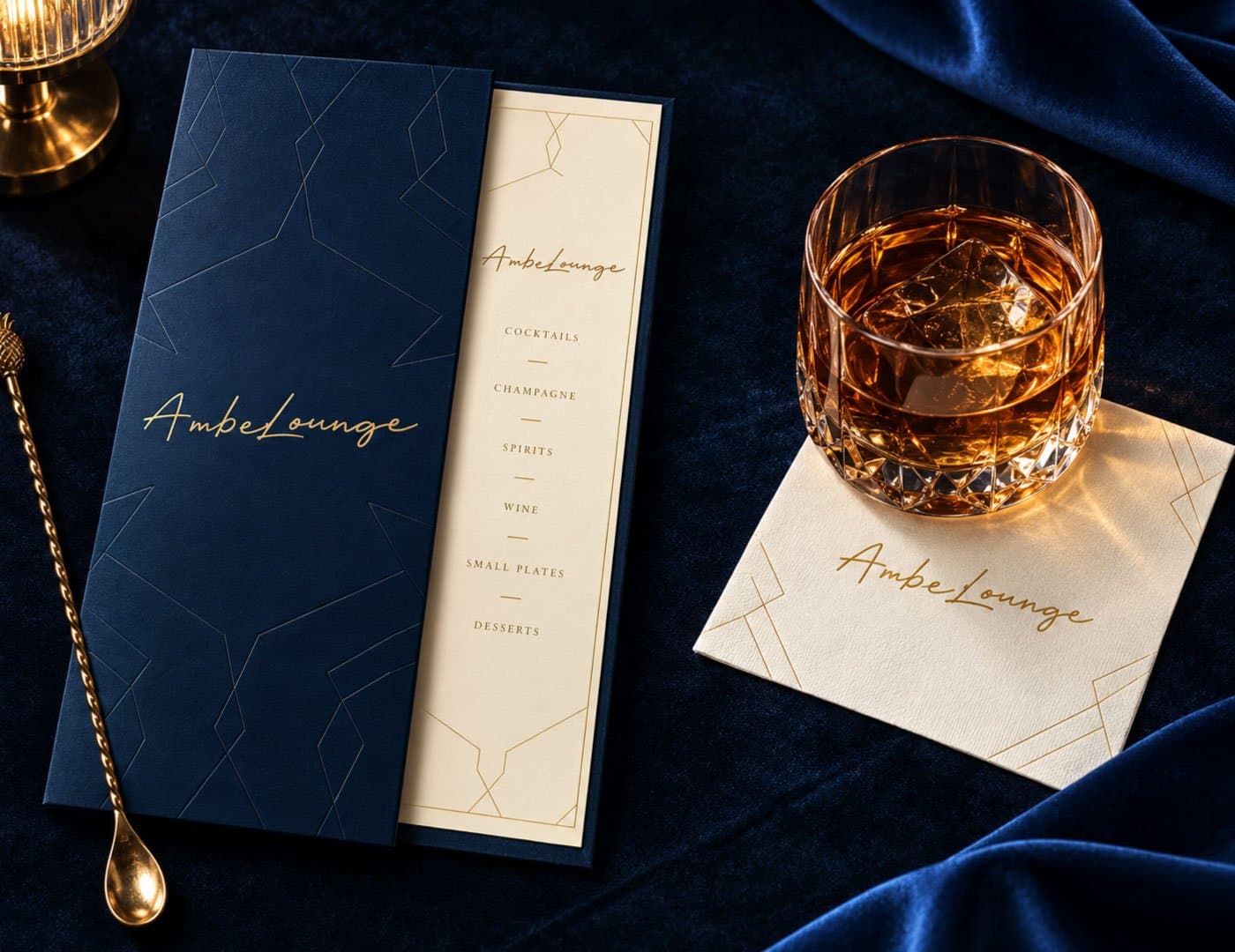 Luxury restaurant branding mockup featuring a navy blue menu, gold geometric patterns, branded napkin, and elegant table setting